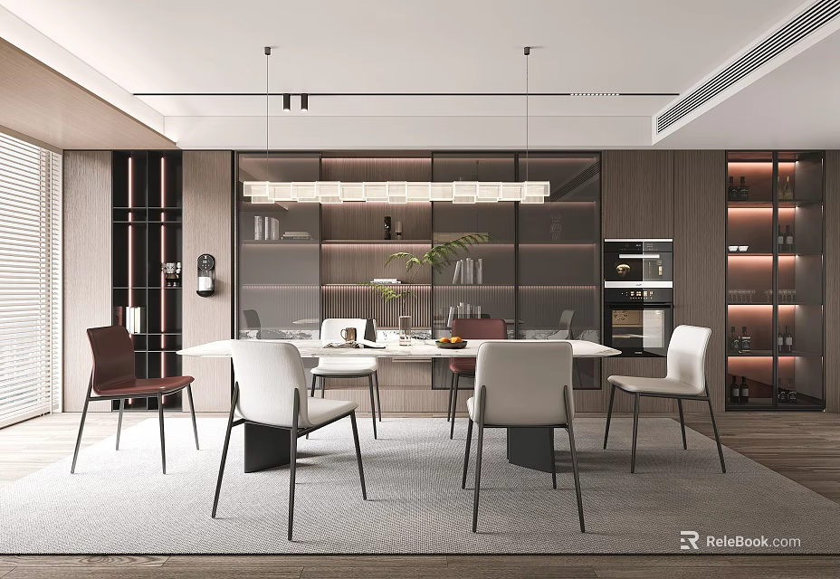 Modern Elegant Restaurant Interior With Dining Table Chairs Pendant Lights And Decor 3d model