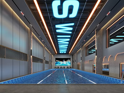 Modern Indoor Swimming Pool with Blue Water Lighting and Gray Wall Design 3d model