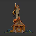 Cartoon Scene With Windmill Small Red Roof House Black Cat Pumpkins And Green Grass