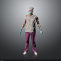 A Man wearing colorful printed top pink pants white cap face mask and blue gloves