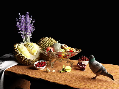 Fresh Fruits Durian Pomegranate and Fruit Platter on Wooden Table with Lavender and Pigeon 3d model