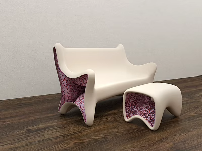 Modern Public Chair Featuring White Sleek Surface And Pink Patterned Accents With Matching Ottoman 3d model