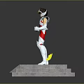 Game Movie Character Model in Red Silver Armor With Blue Shoulder Decorations on Engraved Pedestal