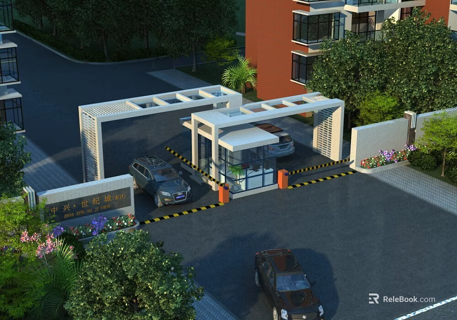 Modern Residential Entrance Gate With Security Booth Cars And Greenery 3d model 