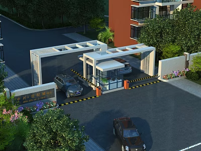 Modern Residential Entrance Gate With Security Booth Cars And Greenery 3d model