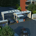Modern Residential Entrance Gate With Security Booth Cars And Greenery