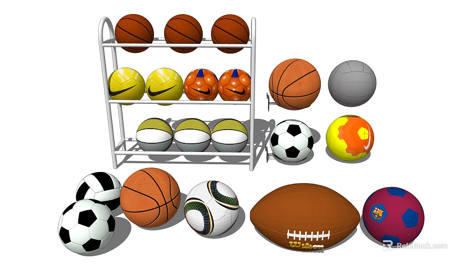 Sports Equipment Including Basketballs Soccer Balls Volleyballs Organized On Rack And Scattered Around 3d model 