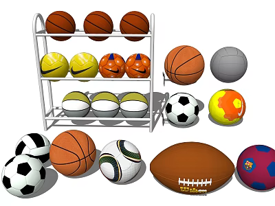 Sports Equipment Including Basketballs Soccer Balls Volleyballs Organized On Rack And Scattered Around 3d model