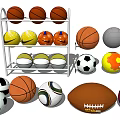 Sports Equipment Including Basketballs Soccer Balls Volleyballs Organized On Rack And Scattered Around