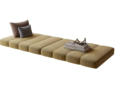 Beige Long Padded Sofa Featuring Decorative Pillows Books And Sandals 3d model