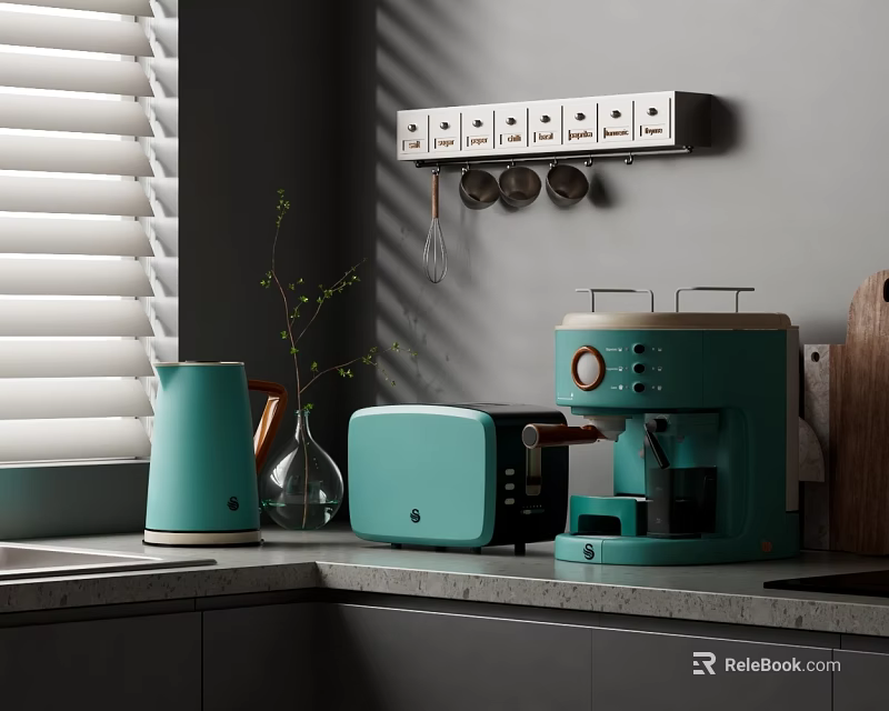 Modern Kitchen Appliances Featuring Turquoise Kettle Toaster Coffee Maker on Grey Countertop with Window Blinds 3d model 