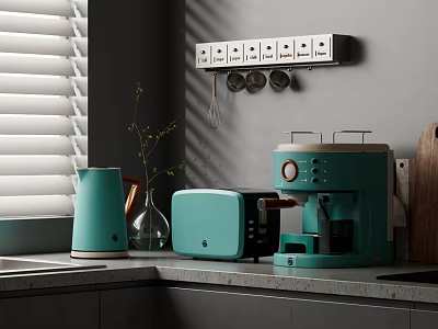 Modern Kitchen Appliances Featuring Turquoise Kettle Toaster Coffee Maker on Grey Countertop with Window Blinds 3d model