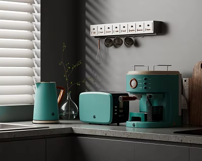 Modern Kitchen Appliances Featuring Turquoise Kettle Toaster Coffee Maker on Grey Countertop with Window Blinds 3d model