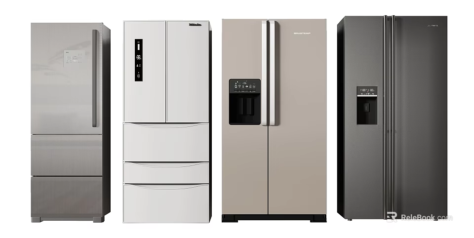 Modern Refrigerators With Various Designs Double French Door Drawer In Silver White Beige Dark Gray 3d model 