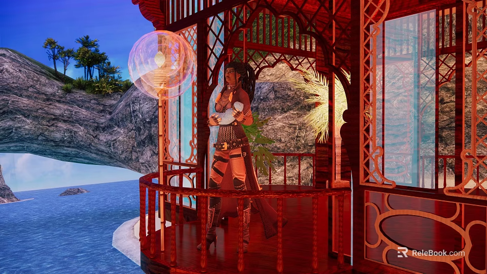 Picturesque Waterfront Landscape Featuring Red Pavilion Viewing Platform Hills Trees And Water 3d model 