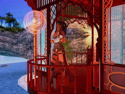 Picturesque Waterfront Landscape Featuring Red Pavilion Viewing Platform Hills Trees And Water 3d model