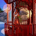 Picturesque Waterfront Landscape Featuring Red Pavilion Viewing Platform Hills Trees And Water