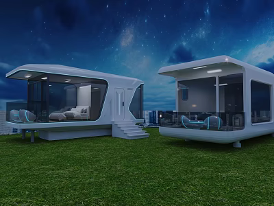 Modern Hotel Room With Glass Walls Balcony And Starry Night View On Grass 3d model