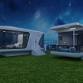 Modern Hotel Room With Glass Walls Balcony And Starry Night View On Grass
