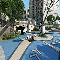 Playful Park Landscape With Panda Sculptures Blue Ground Slide Trees And High Rise Buildings