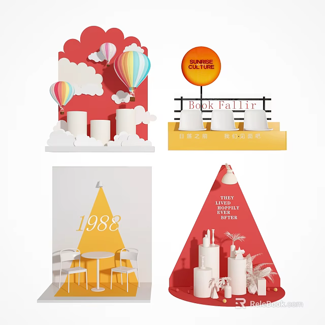 Red Background Hot Air Balloons Clouds Photo Check In Spot With 1988 Cakes And Plants 3d model 