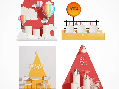 Red Background Hot Air Balloons Clouds Photo Check In Spot With 1988 Cakes And Plants 3d model