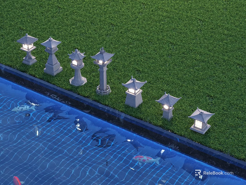 Outdoor Lights Japanese Lantern Style Lit Along Lawn Edge By Pool With Koi Fish Grass 3d model 
