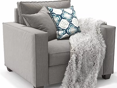 Cozy Gray Accent Chair With Decorative Pillows And Fuzzy Blanket In Living Room 3d model