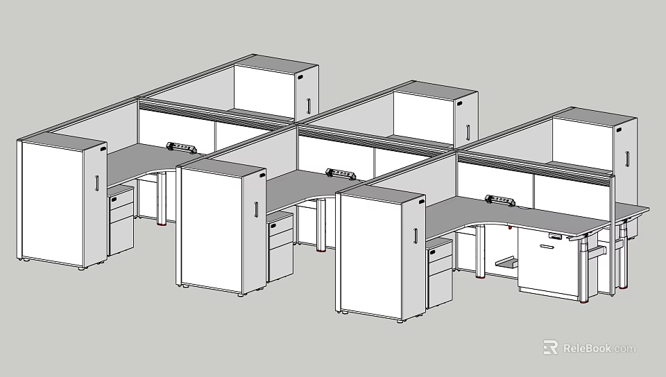 Modern Office Desk Cubicle Layout With Multiple Workstations Drawers And Cabinets 3d model 