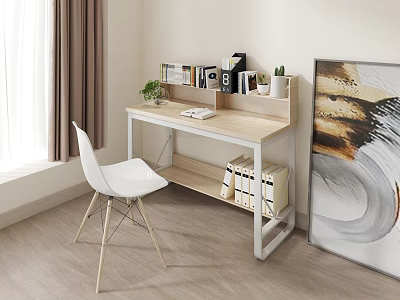 Modern Wooden Desk Interior With White Chair Books Potted Plant Photo Frame And Folders 3d model