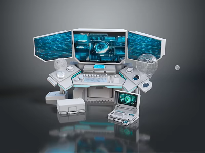 Futuristic Control Console With Multiple Screens Data Displays And Spherical Tech Devices 3d model