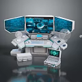 Futuristic Control Console With Multiple Screens Data Displays And Spherical Tech Devices