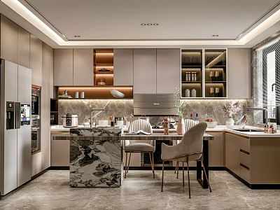 Elegant Modern Kitchen Interior With Marble Island Countertop Cabinets And Appliances 3d model