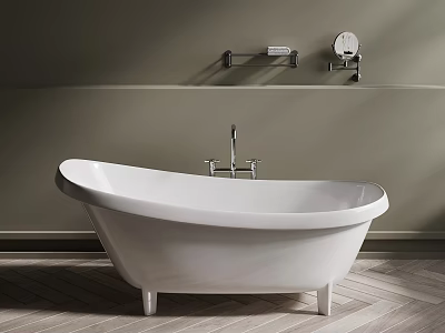 White Freestanding Bathtub In Bathroom With Wooden Floor Wall Shelf And Mirror 3d model
