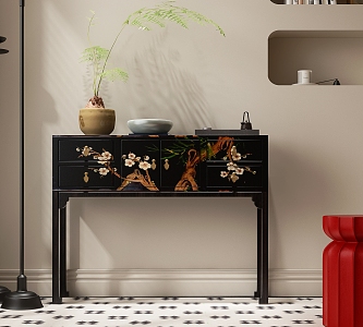 New Chinese-style Entrance Cabinet New Chinese-style Side Cabinet New Chinese-style Decorative Cabinet New Chinese-style Casual Stool Sescutcheon Plants 3d model