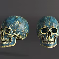 Two Blue Skulls with Golden Texture on Gray Background for Artistic Decorative 3d model