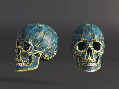 Two Blue Skulls with Golden Texture on Gray Background for Artistic Decorative 3d model