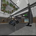 Modern Spacious Hotel Lobby Featuring Hanging Green Plants Motorcycle Display Shelving Units And Reception Counter