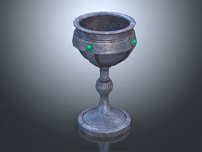 Vintage Metallic Decorative Cup With Green Gemstone Accents And Carved Base 3d model