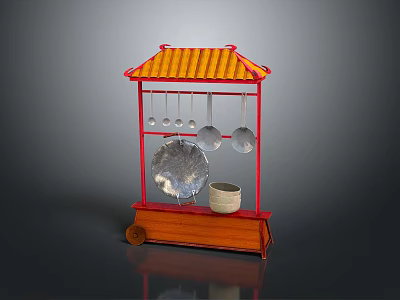 Traditional Chinese Kitchenware Stall With Red Frame Yellow Roof Wooden Cart And Hanging Utensils 3d model