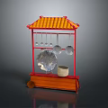 Traditional Chinese Kitchenware Stall With Red Frame Yellow Roof Wooden Cart And Hanging Utensils