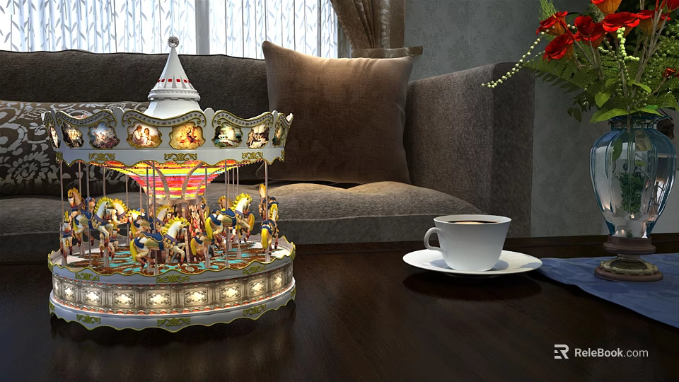 Decorative Carousel Ornament Set With Coffee Cup On Table By Sofa Near Window 3d model 