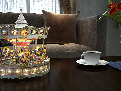 Decorative Carousel Ornament Set With Coffee Cup On Table By Sofa Near Window 3d model