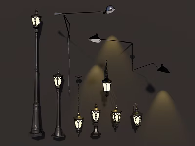 Classic Lighting Combinations Featuring Tall Pole Lights Hanging Pendants And Wall Sconces 3d model