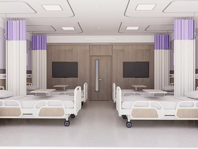 Modern Hospital Room Interior With Two Beds Purple Curtains Wooden Walls And TVs 3d model