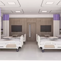 Modern Hospital Room Interior With Two Beds Purple Curtains Wooden Walls And TVs