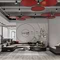 Modern Reception Area With White Desk Perforated Partition And Circular Ceiling Design 3d model