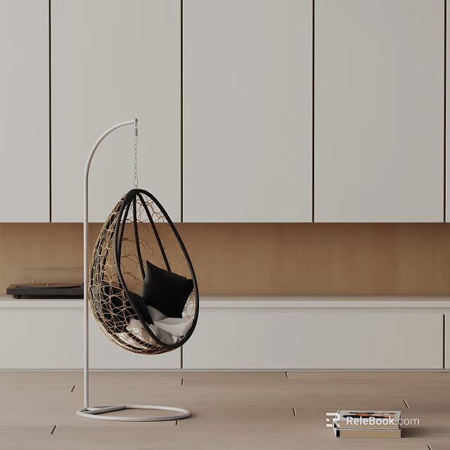 Rattan Hanging Leisure Chair With Black And Beige Cushions In Modern Interior White Cabinetry 3d model 