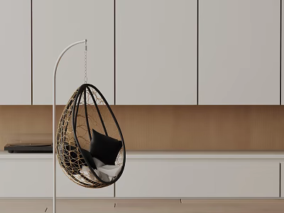 Rattan Hanging Leisure Chair With Black And Beige Cushions In Modern Interior White Cabinetry 3d model