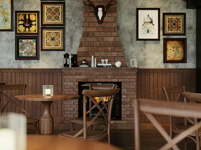 Cozy Rustic Bar Interior With Brick Fireplace Decorative Paintings Wooden Tables And Coffee Appliances 3d model